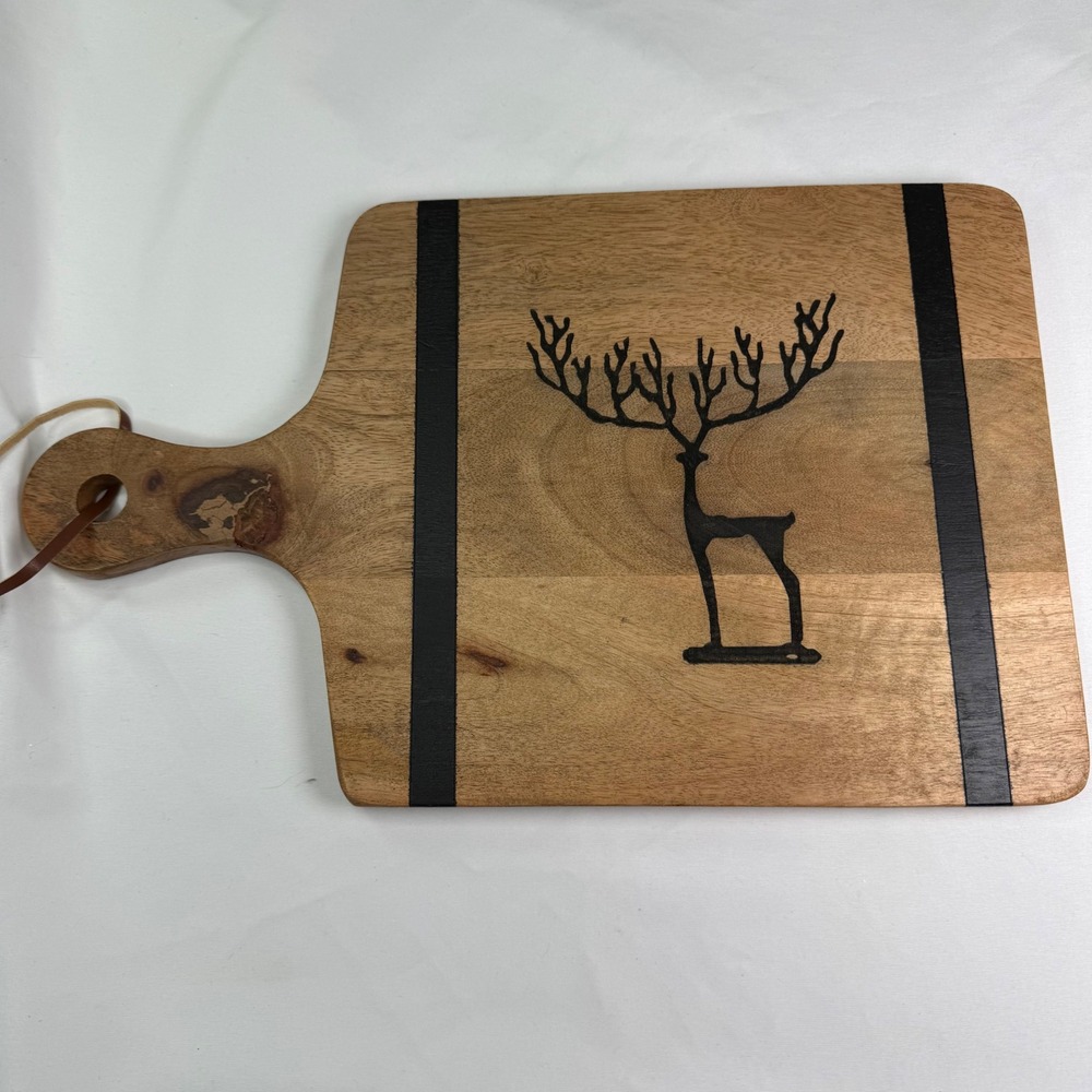 Rustic Mango Wood Charcuterie Board Stag Deer Antler Design Black Inlay 15.5in